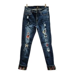 Lucky & Blessed Distressed Cut Out Stripped Patch Denim Blue Jeans Size 12